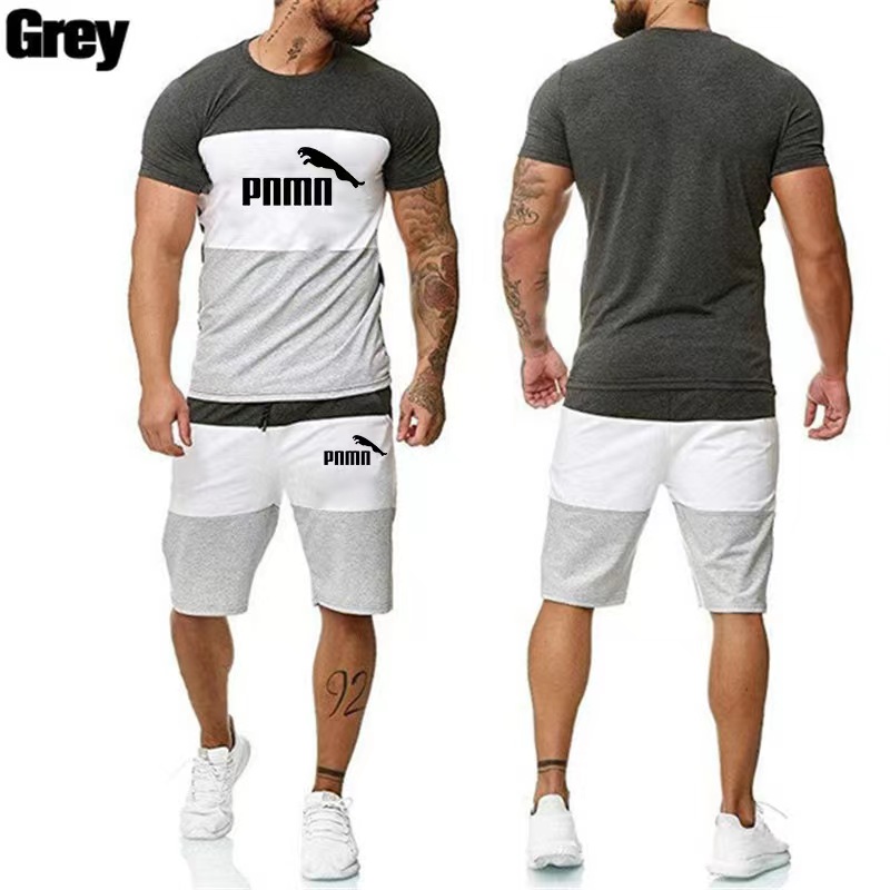 2024 foreign trade summer men's plus-size leisure sports breathable thin suit men's color matching T-shirt set in stock