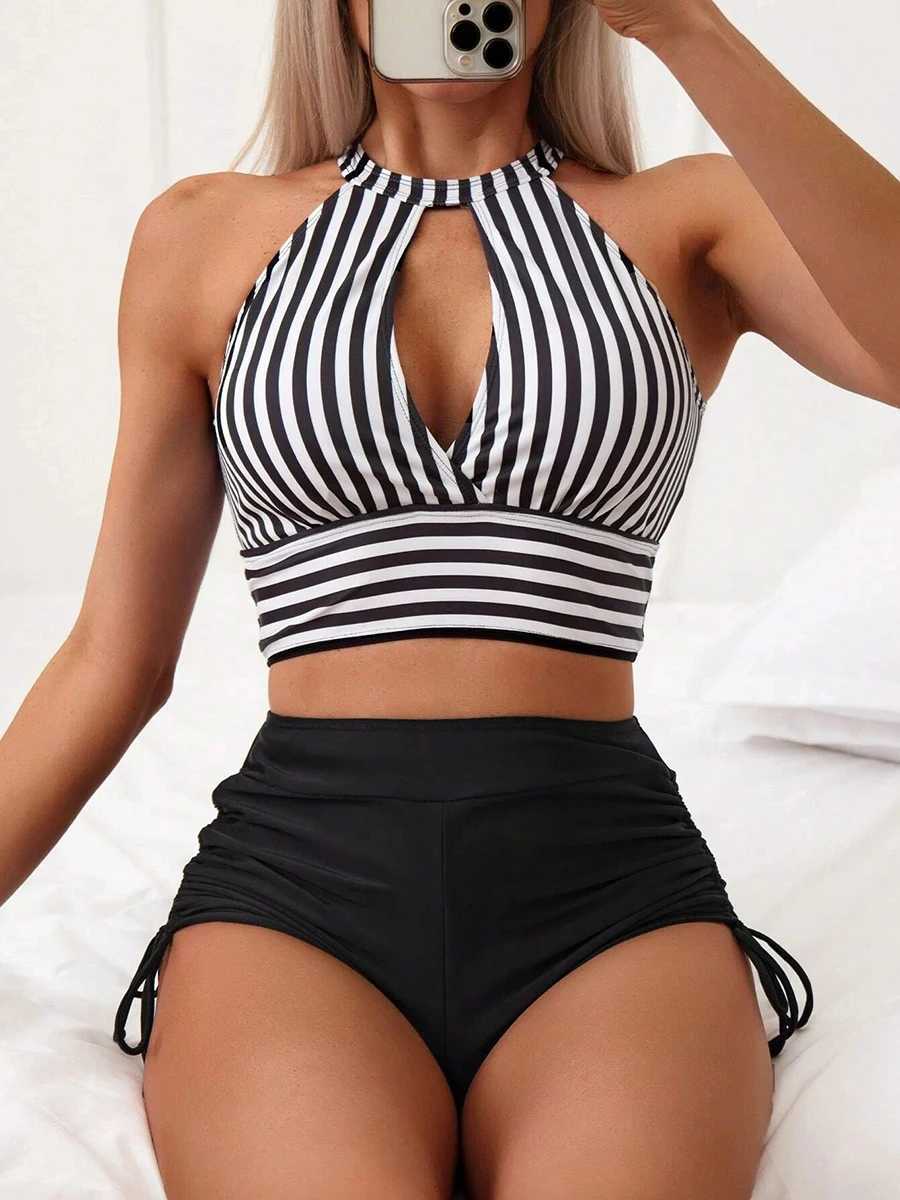 Swimwear Women 2024 Bikini coupé Bikini Striped Swimsuit Hollow Out Femmes Swimons de taille haute