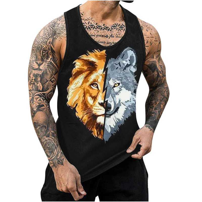 Herentanktops Nieuwe Lion 3D -geprinte heren tanktop Harajuku Animal Wolf Patroon Zomer Top Fitness Gym Spuscle Mouwloze shirtl2404