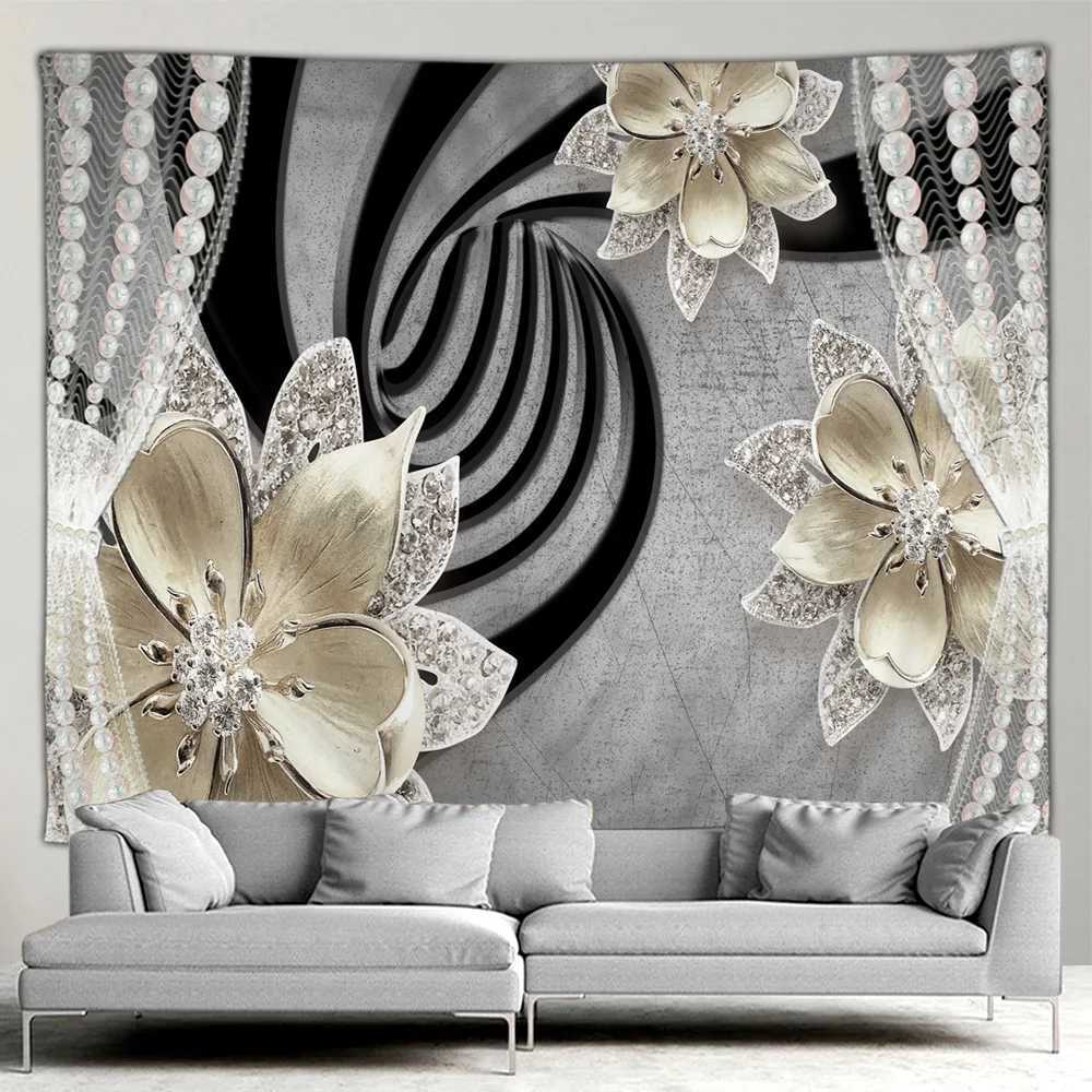 Wandteppiche elegante und modische Fantasieperlen und Diamanten Bouquet 3D -Style Tapestry Home Terrasse Wand Hänge Art Deco Aliving Room Mura