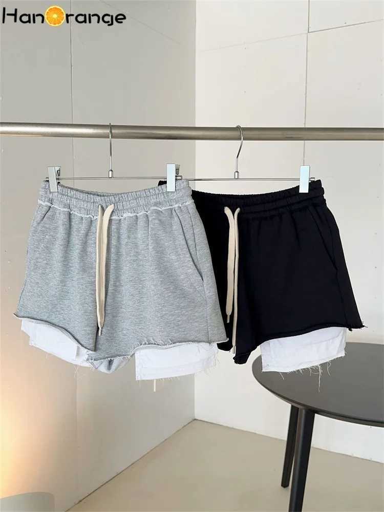 Shorts femminile Hanorange 2024 Sumpi tascabili a tasca esposta di moda estiva Shorts sciolto sport elastici pantaloncini grigi/neri D240426