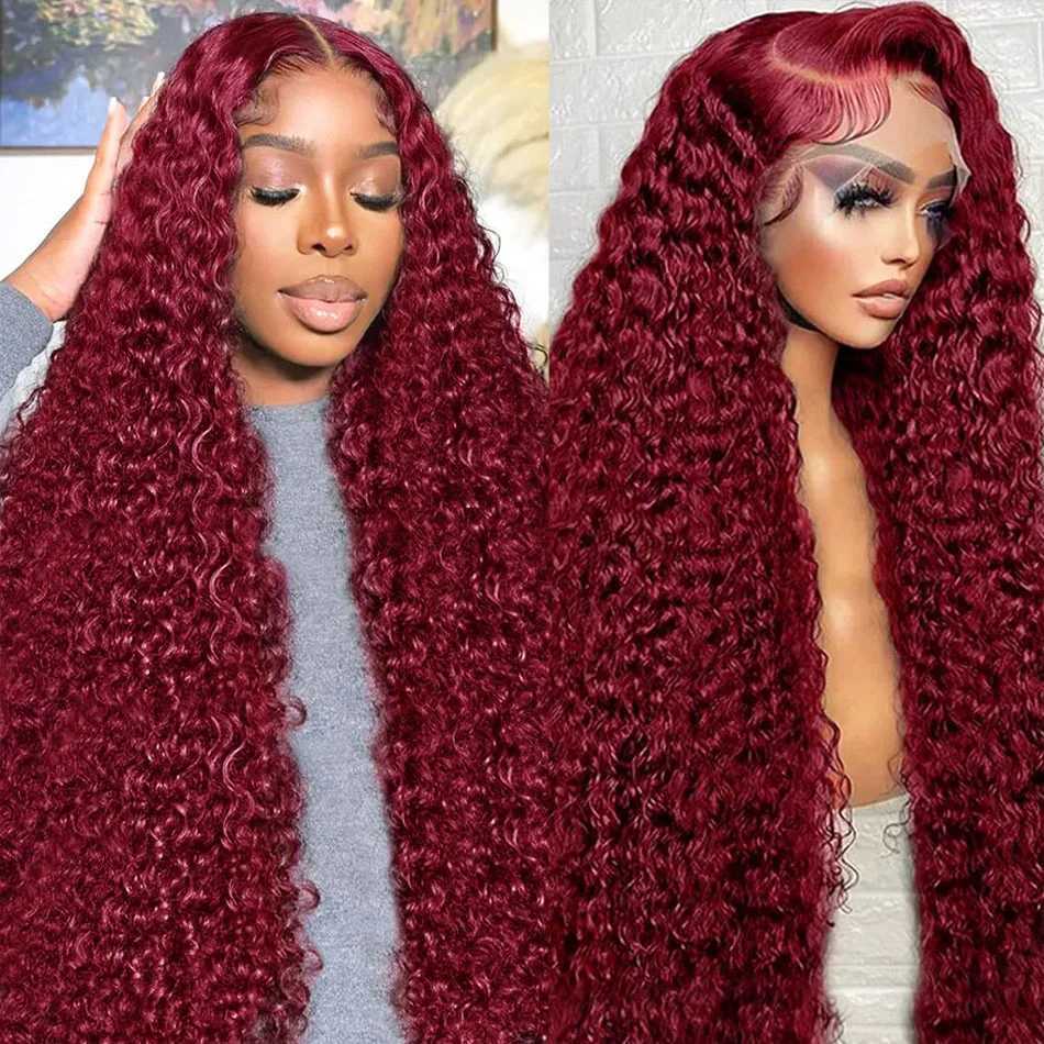 Synthetic Wigs 200 density 13x4 deep curly lace front wig 99J Burgundy 30 32 inches red HD wave human hair Q240427