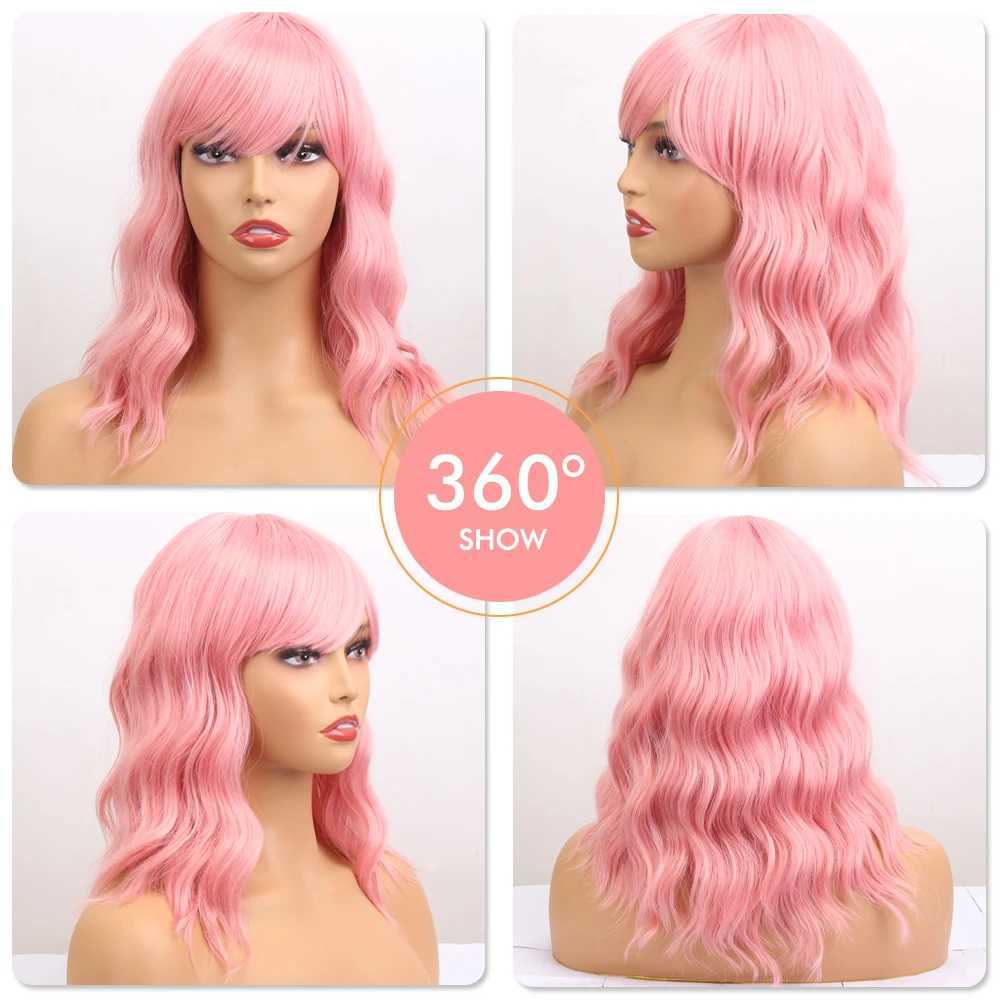 Synthetic Wigs 14 Soft wave pink wig with bangs high-quality synthetic suitable for women blonde hair/black/red Bob daily party role-playing use by Q240427