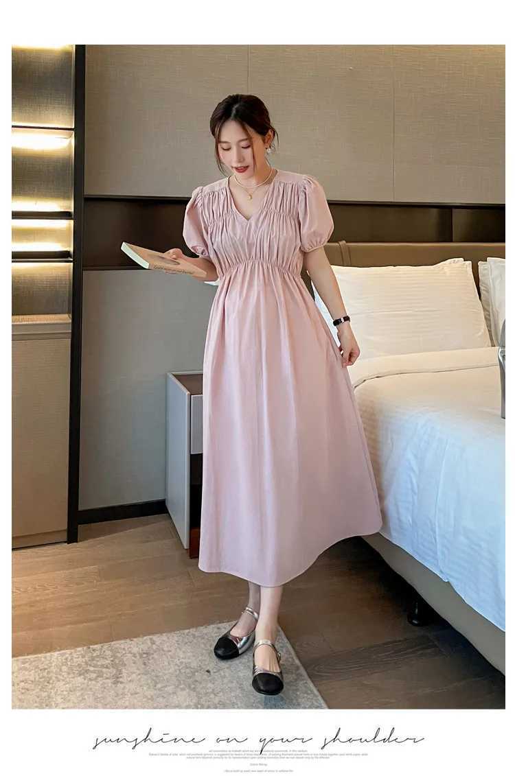 Maternity Dresses Summer Plus Size V-Neck Pregnant Womens High Waist Dress Fashion Puff Sleeves Ankle Length Chiffon Holiday Q240427