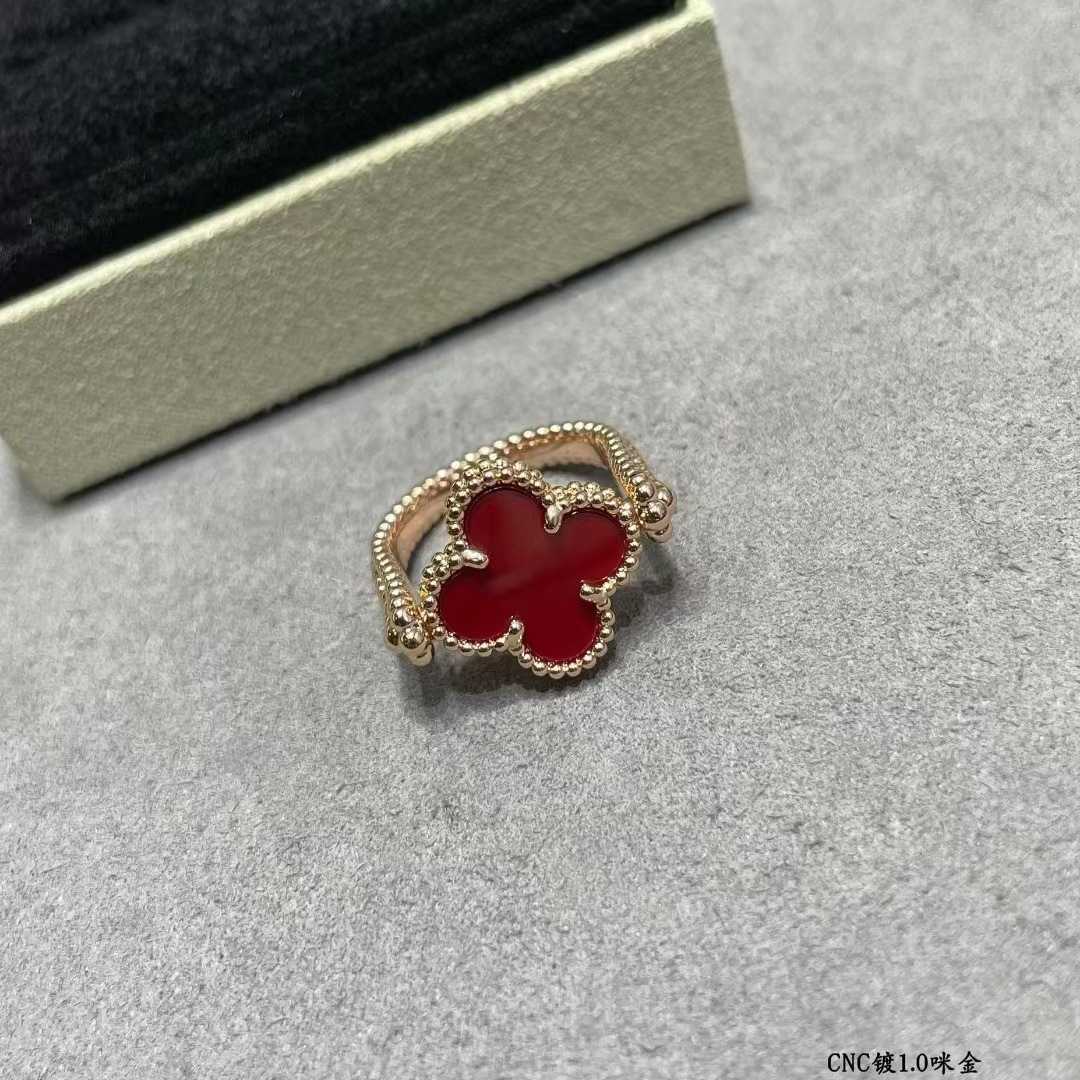 Diseñador Charm de marca Van Flower Red Agate Red Lucky Ring de 18 km de oro Ringped Ring Joya de moda