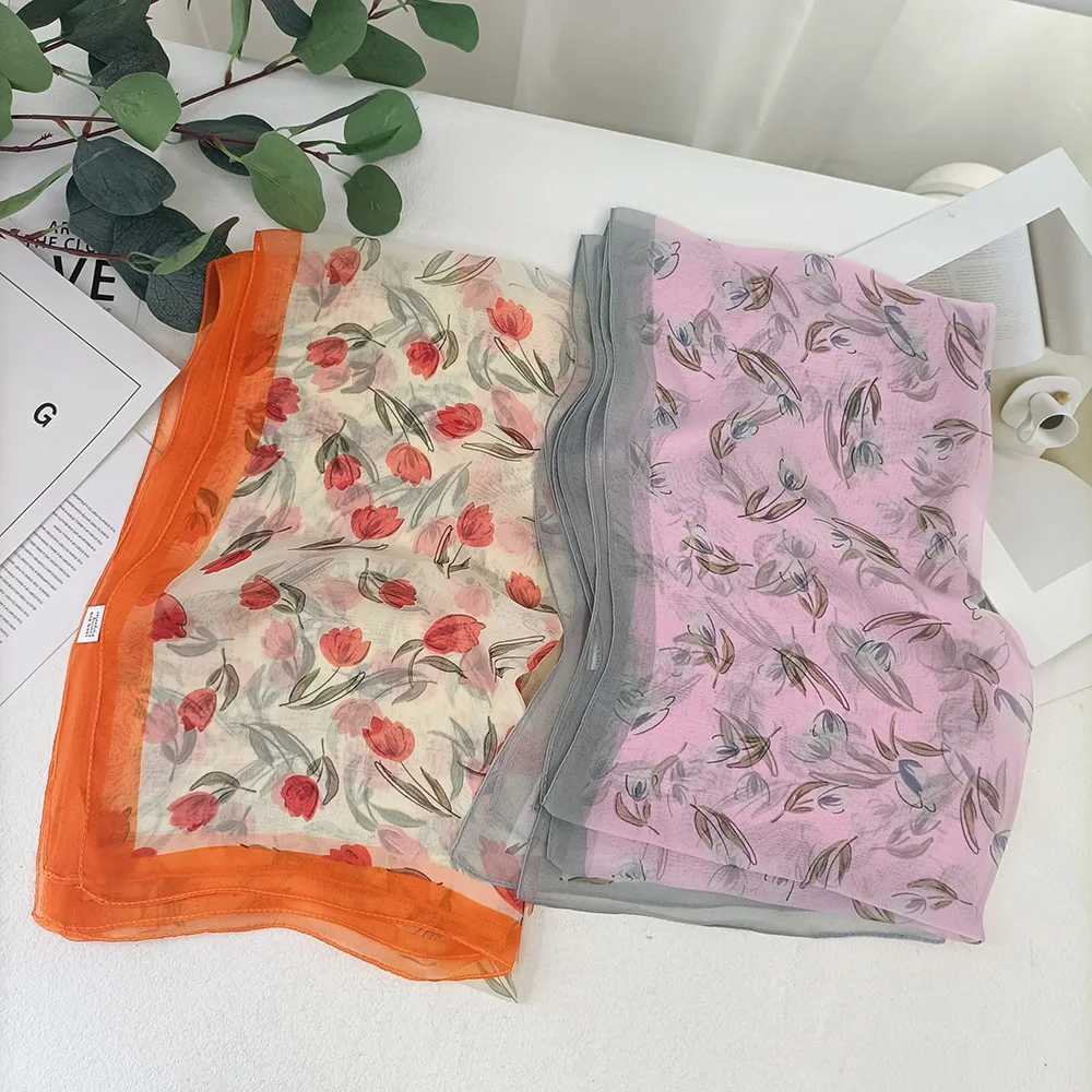 Sjaals magnolia bloem print vrouwen elegante chiffon georgette bandana sjaalservaart zomers strand zonnebrandcrème dunne hijab hoofdband sjaal d240426