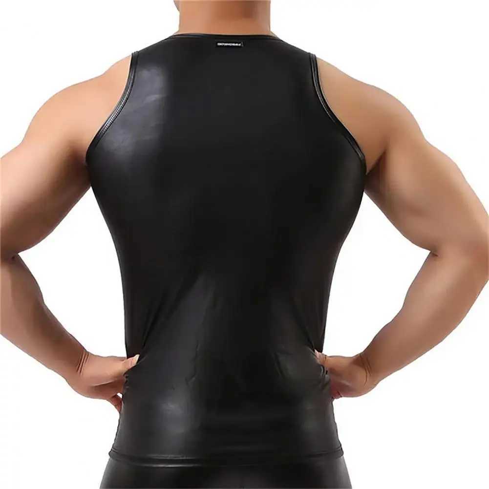 Camas de tanques para hombres Hombres sexy PU Cuero Tiga tanque sin mangas Eric en la cubierta de la vaina Elástica suave látex cuerpo de patente de patente de cuero club topl2403