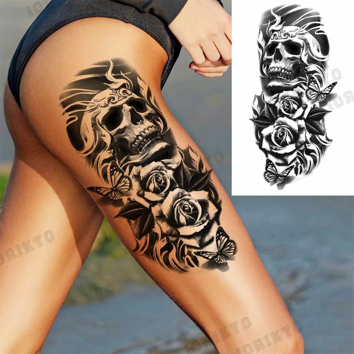 Tattoo Transfer 3D Skull Rose Flower Temporary Tattoos For Women Men Geometry Tiger Compass Mandala Fake Tattoo Washable Body Art Painting Tatoo 240426