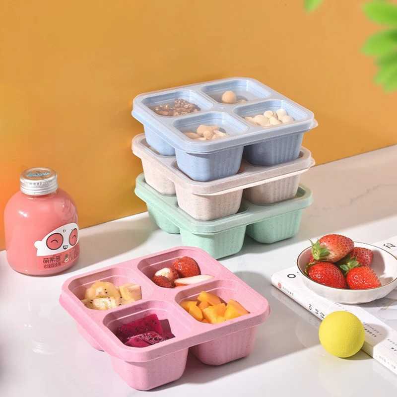 Bento Boxes Square Divider Lunch Box återanvändbar 4 Företagets matbehållare Snackmuttrar med lock Vete Straw Kitchen Supplies Q240427