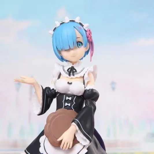 Anime Manga Blue Hair Service Girl Picture REM Torta seduta Modella di bambola carina Toy Sculture Decorative Box Packagingl2404