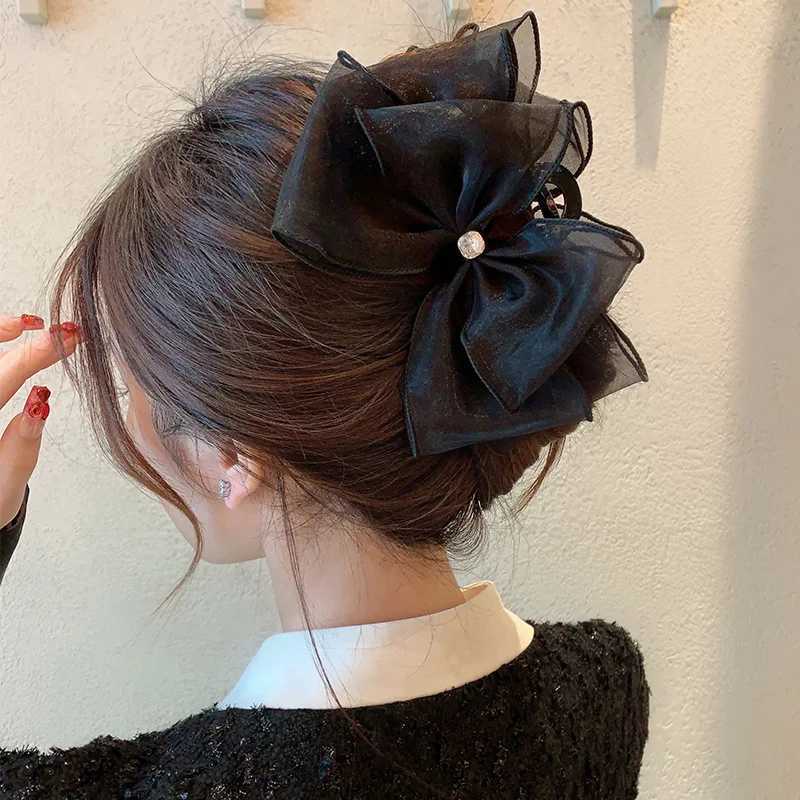 Hårklämmor Barrettes Big Water Diamond Chiffon Claw Clip Hair Bow Black Tyg Ribbon Flower Rose Female Accessories