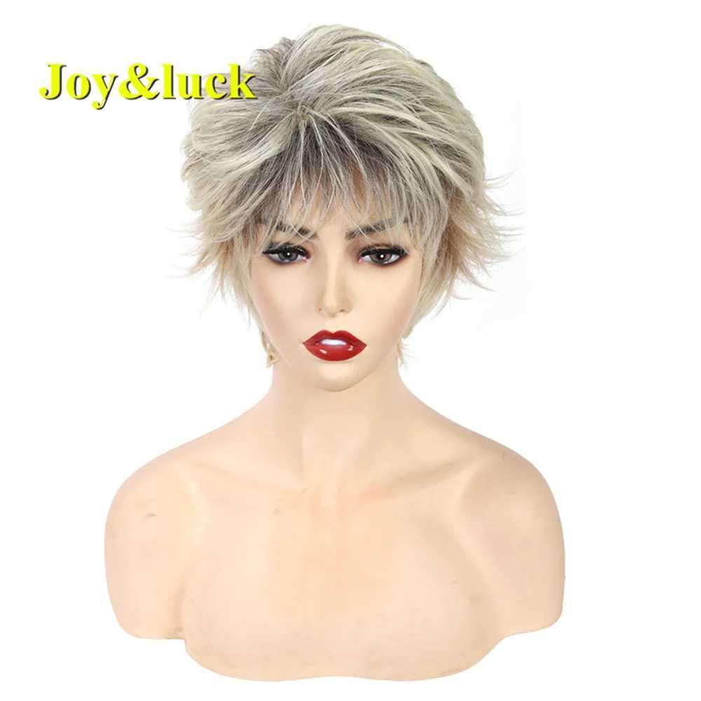 Synthetische pruiken Joy Luck Short Wig Brown Blend Golden Curly Synthetic geschikt voor vrouwen met een pony HiAr Q240427