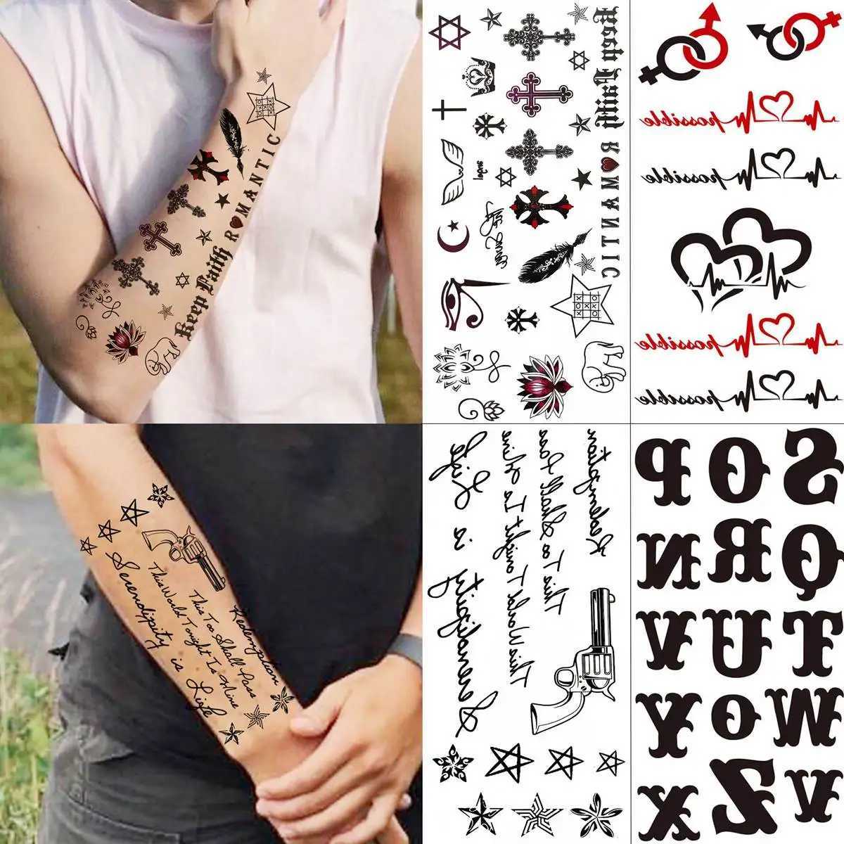 Transferência de tatuagem 18 folhas citações inspiradoras palavras tatuagens temporárias para adultos letra preta tatuagem falsa pássaros pequenos pássaros ecg infinito pasta 240427