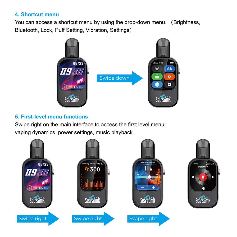 Seasomk Digital Device Pod Vape Bluetooth Calling E-Cigarette Mesh Coil 500mAh Type-C Stopwatch Music Prefilled Pod Puff Bars kapacitet POD VS Tornado Puff 16K 15K 12K 12K