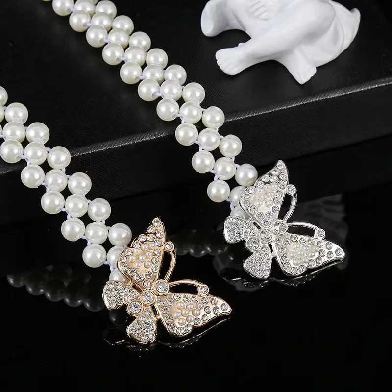 Ceinture de chaîne de taille une courroie de diamant cloutée à papillon pour femmes, ceinture de corde élastique perlée robe de mariée longue ceinture de jupe