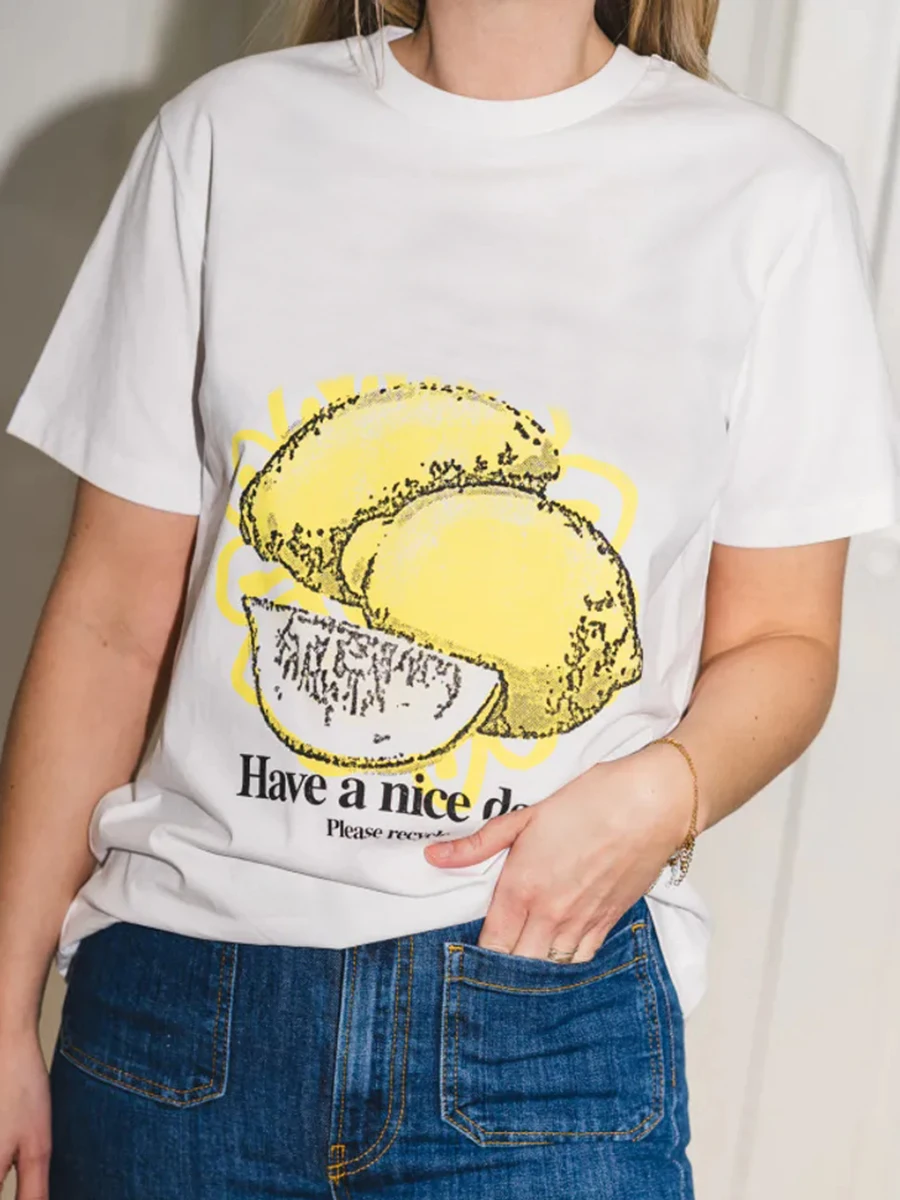 Citroen print T-shirt Vrouw zomer o-neck orangische katoenen t-shirt vrouwelijke mode casual korte mouw t-shirt kleren streetwear
