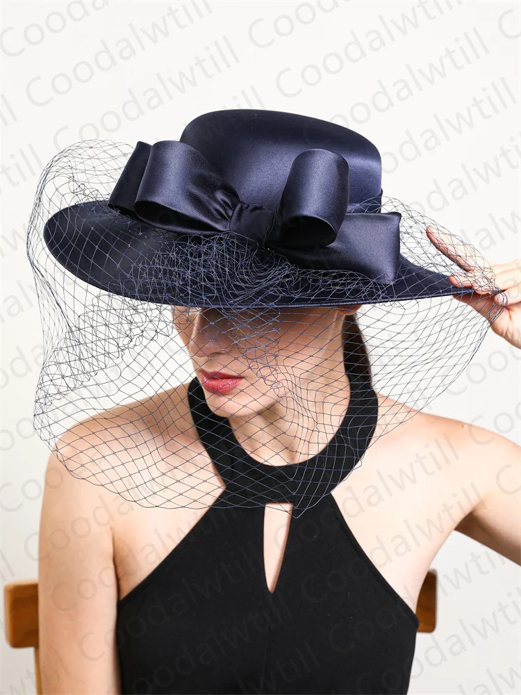 Vrouwen formele feestsluiers Fedora Cap Wedding Church Fascinators Mesh Hat Derby Party Show Chapeau Cap met booghaaraccessoires