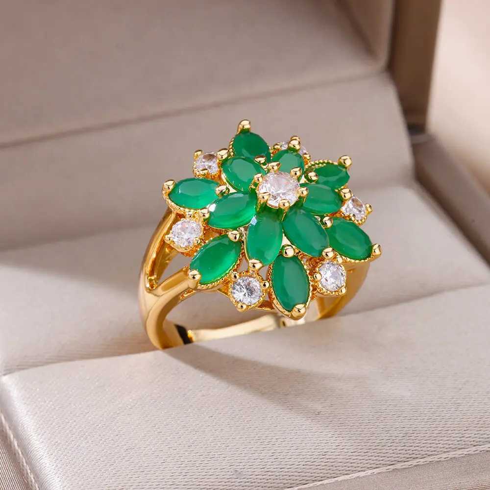 Anelli di nozze anelli floreali zirconi verdi donne in acciaio inossidabile oro design a doppio anello di design le donne accessori regalo di compleanno