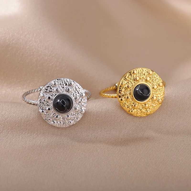 Eheringe Edelstahl Natursteinringe offen verstellbar schwarzer runder Steinfinger Ring für Frauen Vintage Geburtstag Schmuck Geschenk