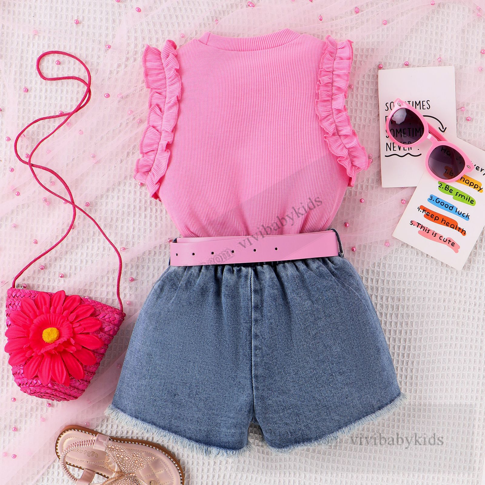 Sommerkinder Kleidungsstücke Mädchen Rüschen ärmellose Tops Strasssteine Quastenstars Denim Shorts Fashion Kids Casual Outfit Z7926