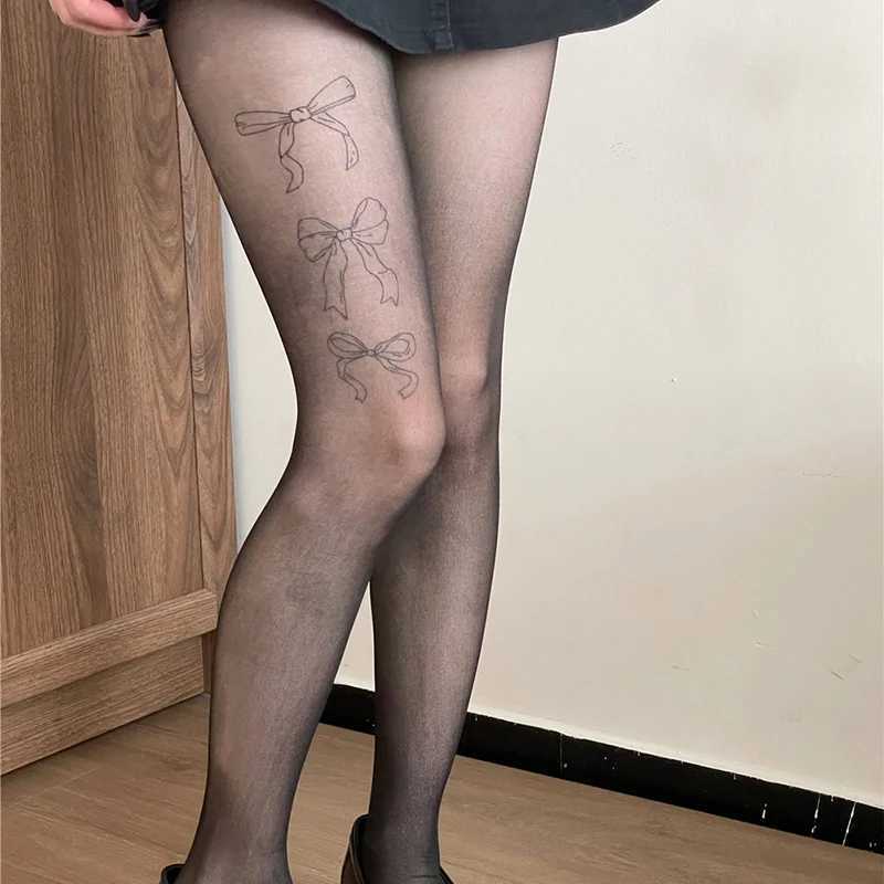 Sexy Socks New bow printed stockings Korean socks tattoo pantyhose Japanese Lolita JK tight fitting Gothic role-playing party black Q240427