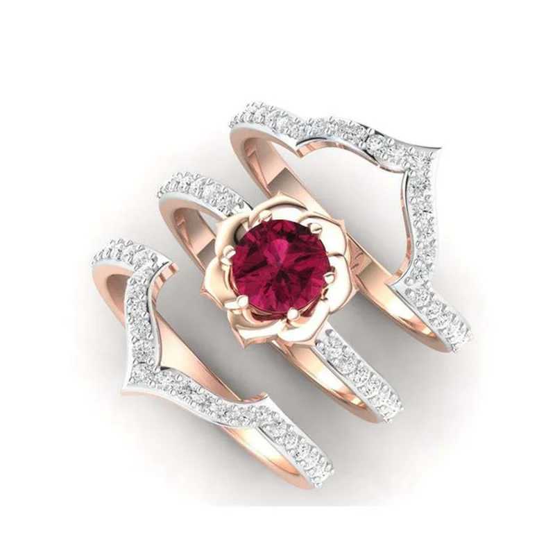 Hochzeitsringe schillernde Roségolden -Farbring für Frauen zarte Metall eingelegene rote Zirkonsteine Eheringe Set Engagement Schmuck