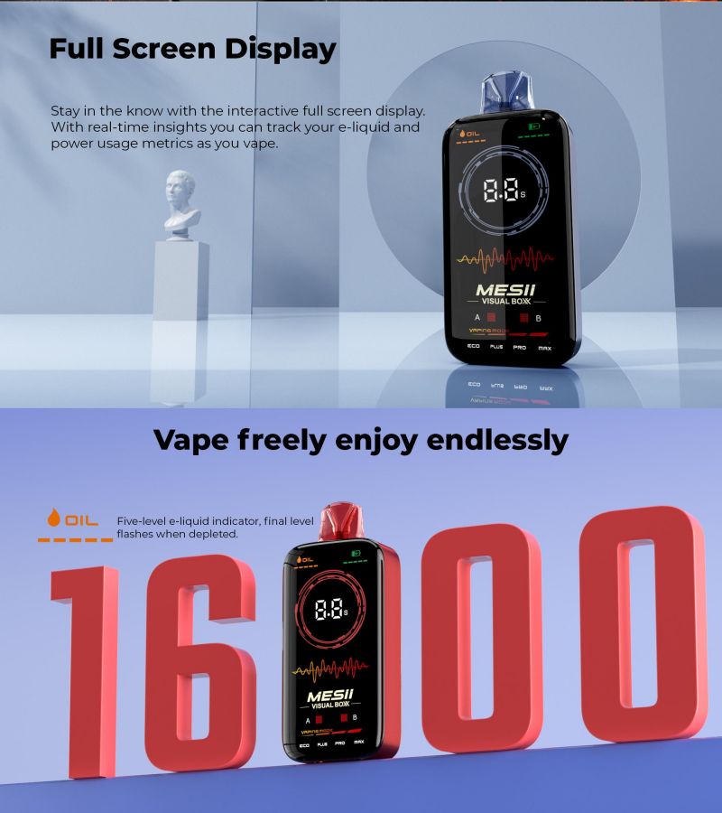 最新の高速輸送MESII 16000Puffsエアフロー調整可能なフルスクリーンVAPE 15K 16Kパフ15K蒸気16Kデジタルベーパー15色vs Fumotチャイルドプルーフ蒸気デュアルメッシュ