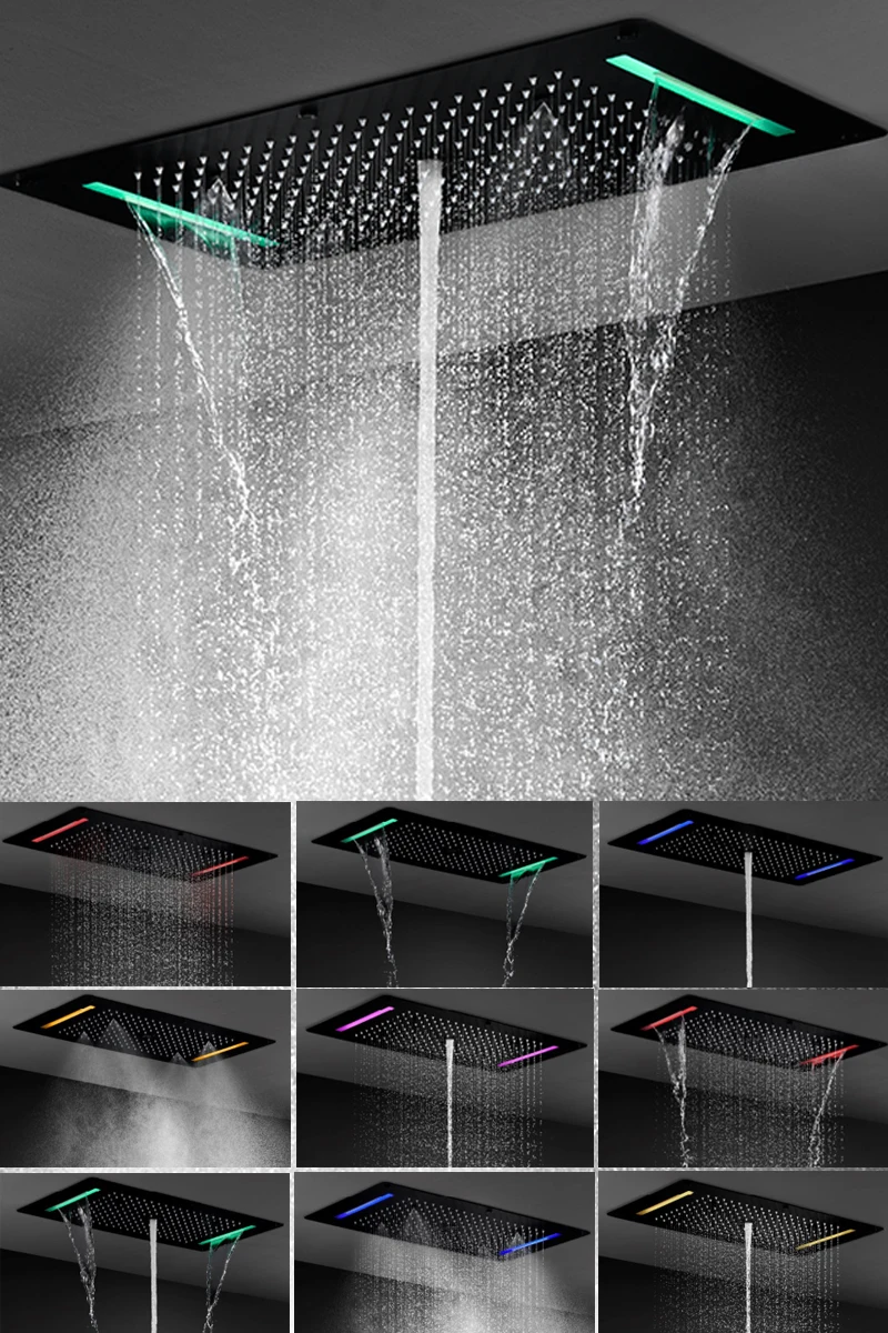 Matt svart infälld termostatisk duschsystem Big Rainfall Column Waterfall Mist Facet Set Screen Touch LED 700x380mm