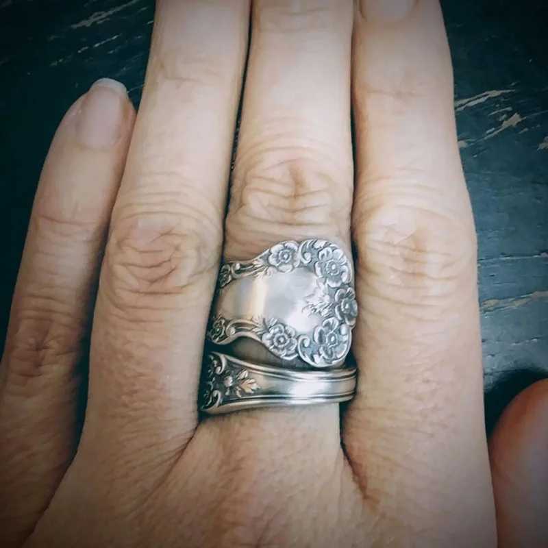 Wedding Rings Intage Handgemaakte gegraveerde rozenbloemringen voor vrouwen zilveren kleur lepel ring jubileum cadeau -verlovingsfeestje sieraden