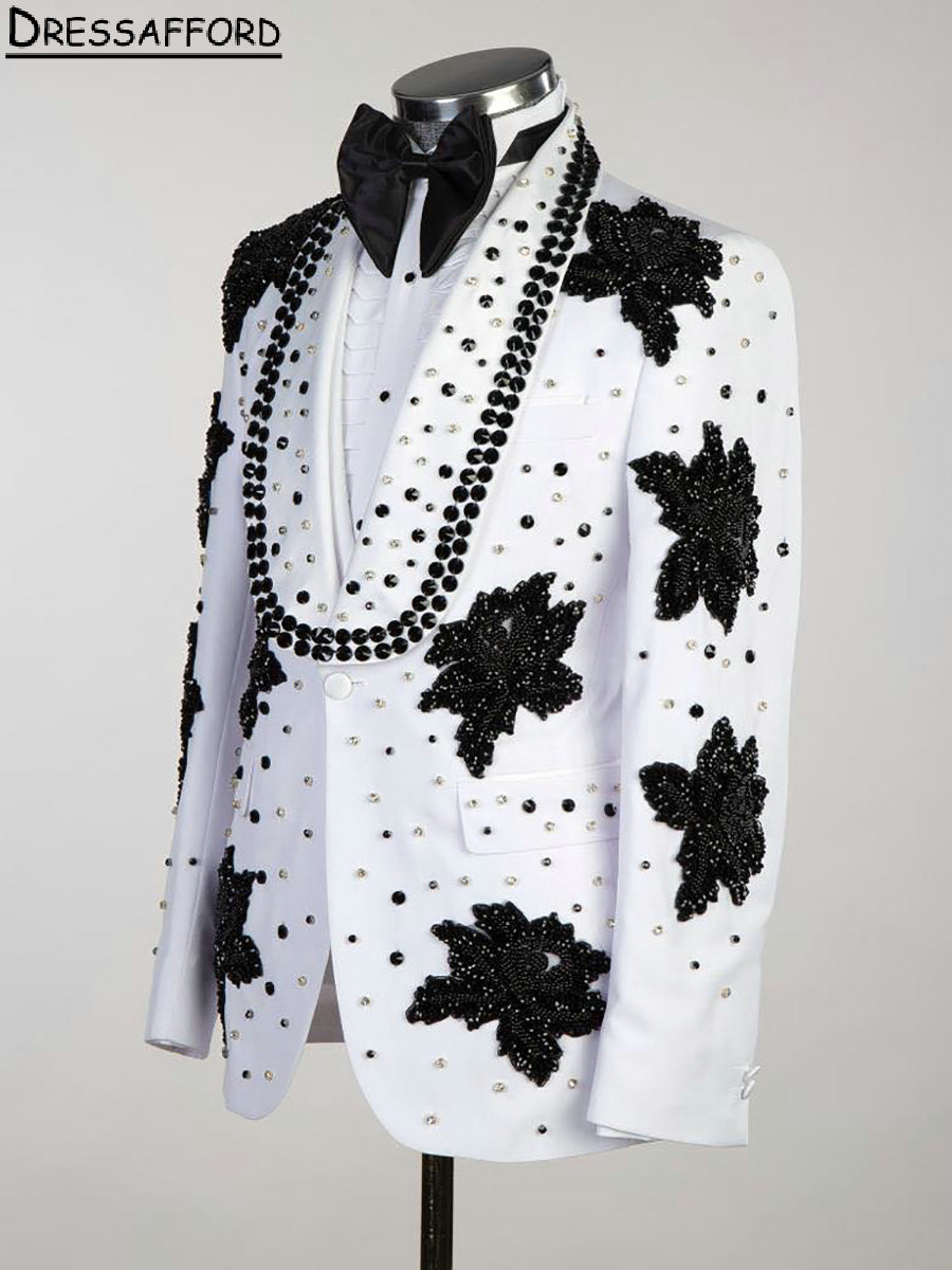 Perles blanches perles en cristal en soirée Fête des hommes combinées appliques noires en dentelle deux pièces du poitrine de mariée Blazer veste + pantalon