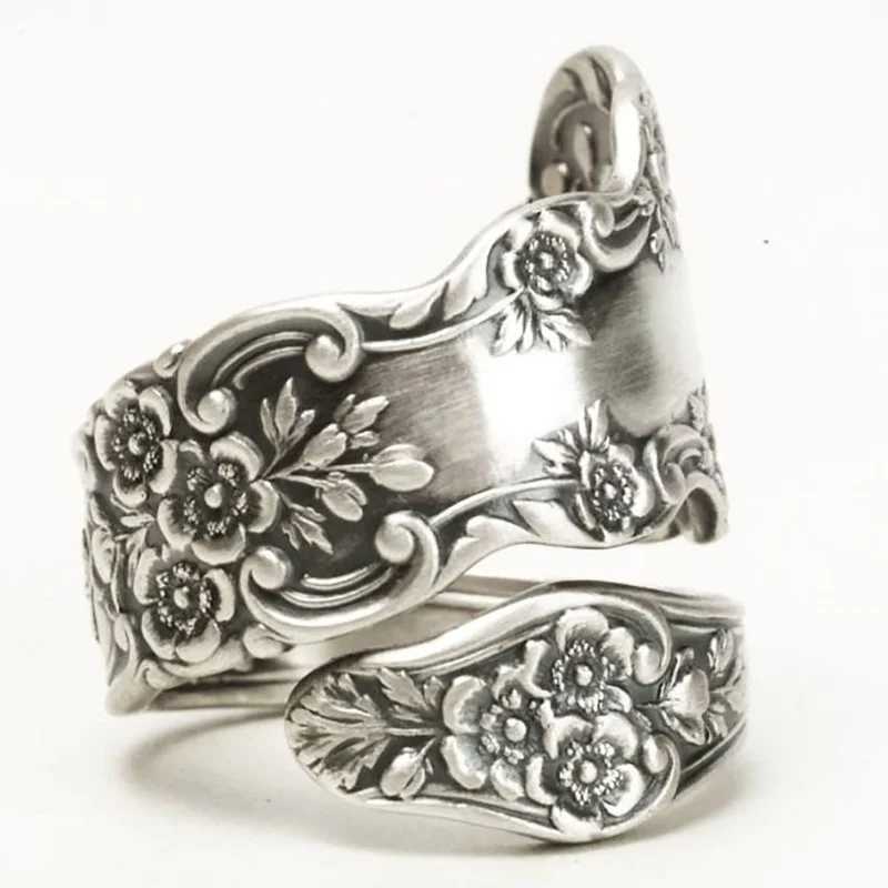 Bröllopsringar Intage handgjorda graverade rosblommor för kvinnor Silverfärgsked Ring Anniversary Gift Engagement Party Jewelry