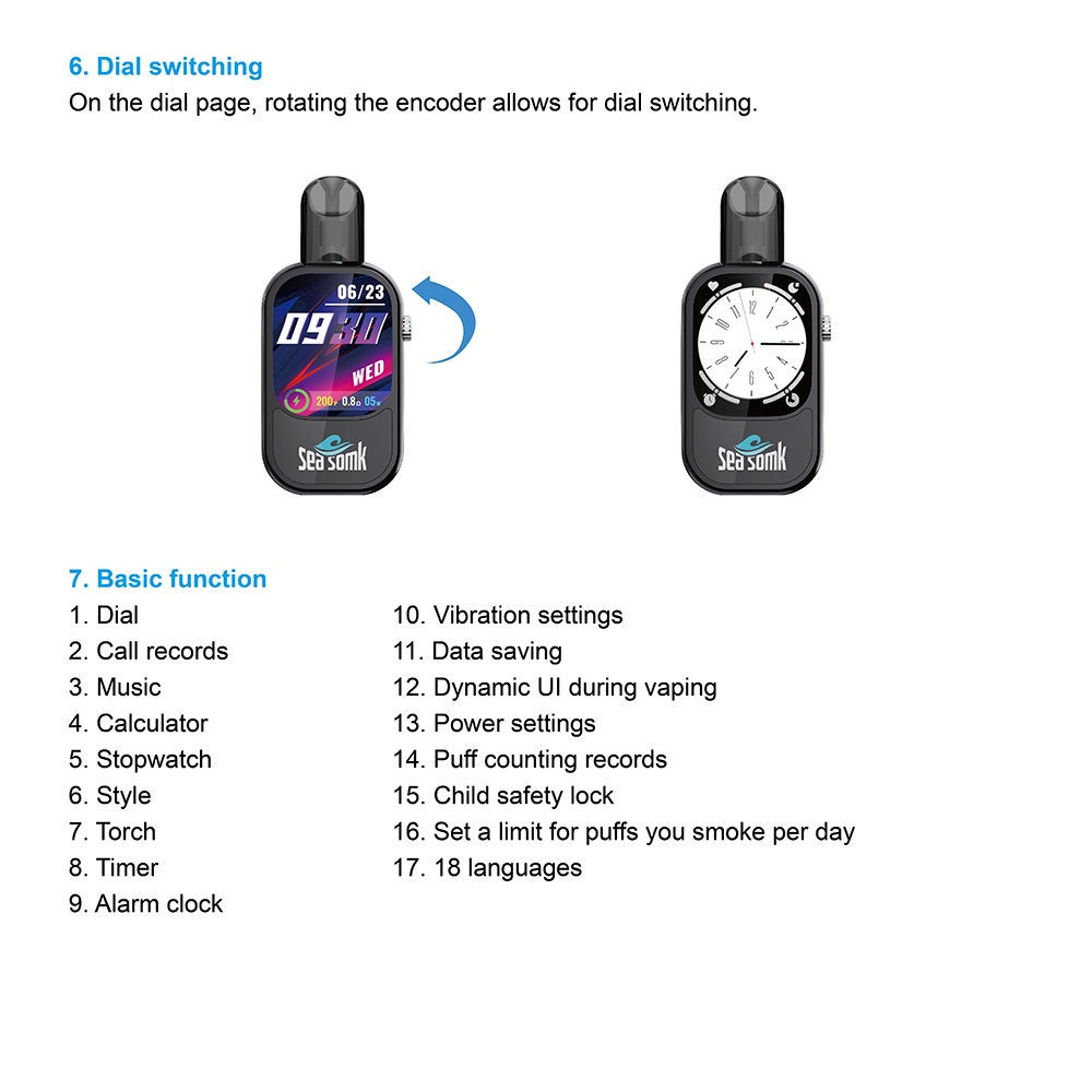 Seasomk Digital Device Pod Vape Bluetooth Calling E-Cigarette Mesh Coil 500mAh Type-C Stopwatch Music Prefilled Pod Puff Bars kapacitet POD VS Tornado Puff 16K 15K 12K 12K