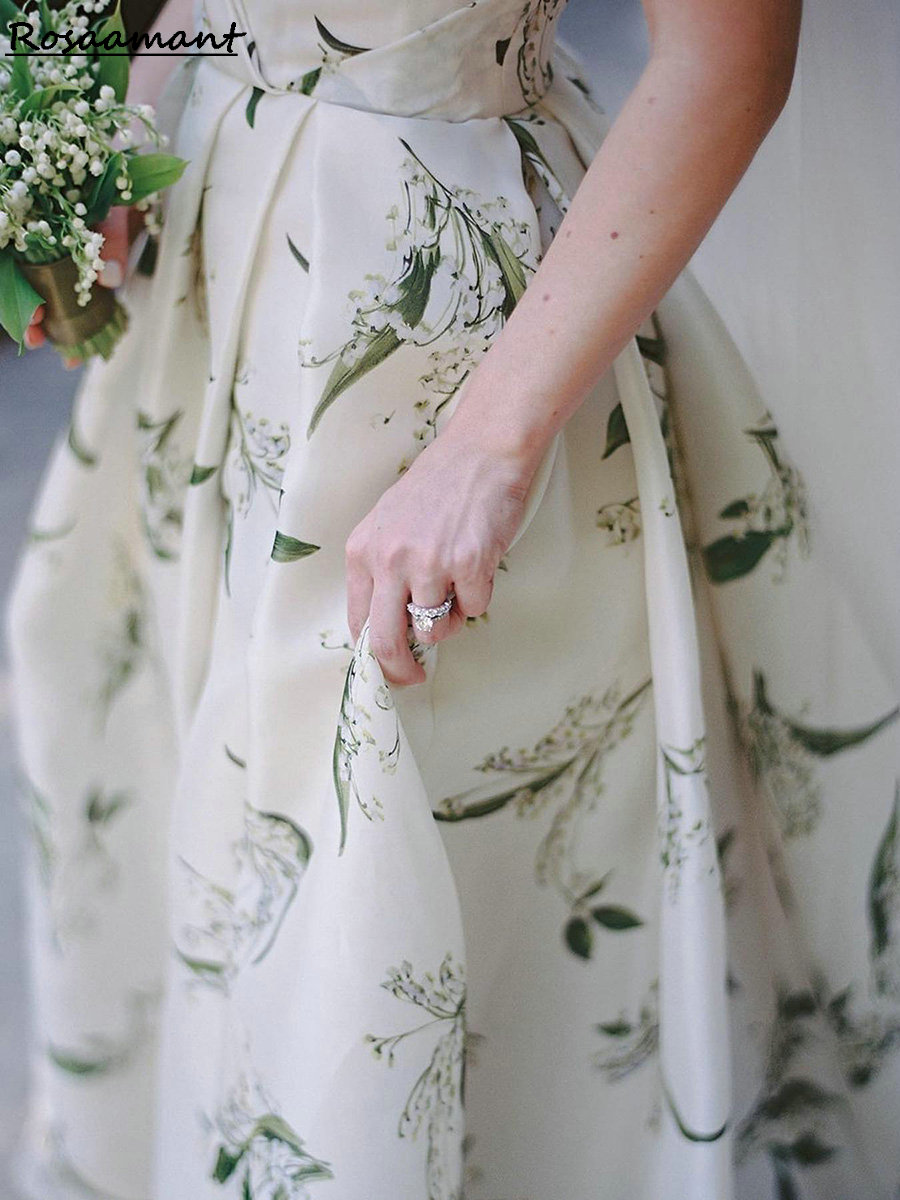 Elegant Floral Printing A-line Wedding Dresses Spaghetti Straps Sleeveless Bridal Gowns Robe De Mariee