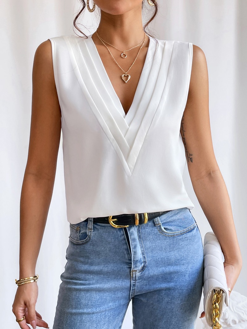 Summer Women Casual Tanks Camis Elegant Sexy V Neck Pleated Sleeveless Slim Office Bluses Shirt Tank Top