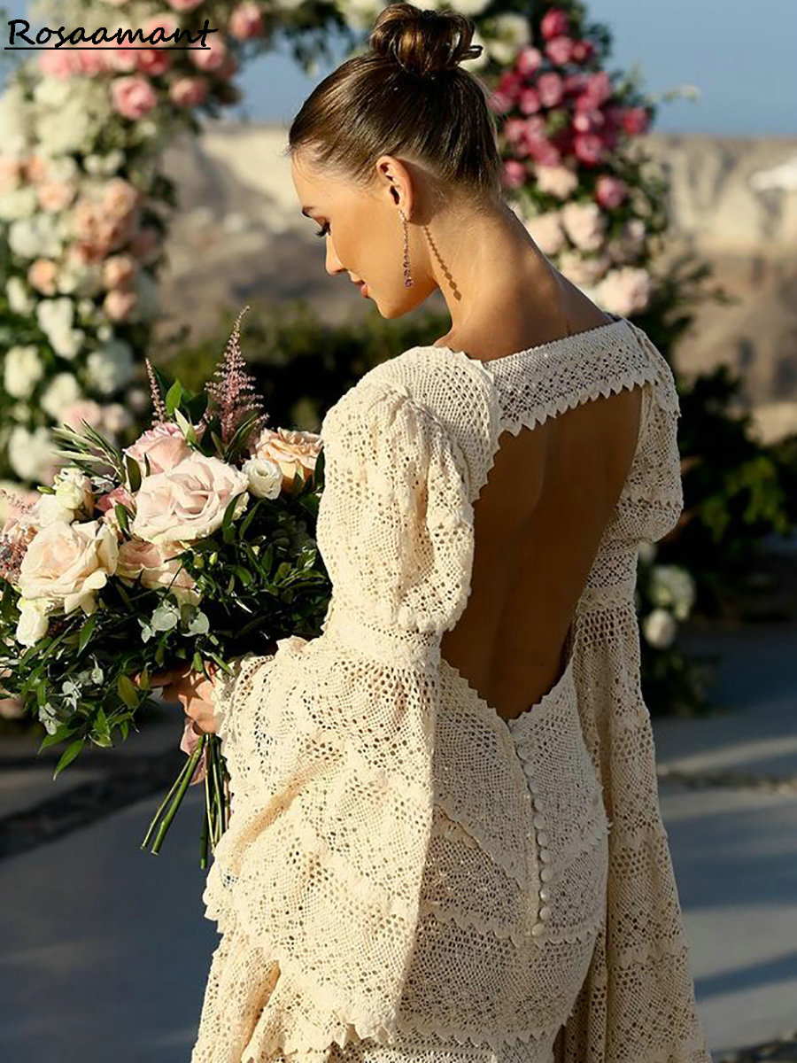 Boheemse lieverd Appliques Lace Tassel Mermaid Wedding Jurken Long Flare Sleeve Open Back Bridal Ghows Robe de Mariee