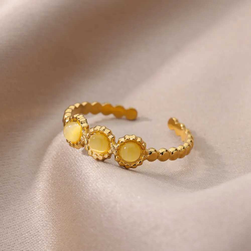 Anneaux de mariage Anneau de pierre jaune géométrique pour les femmes en acier inoxydable or couleur ajusté de pierre de pierre de mariage bijoux esthétique bijoux femme