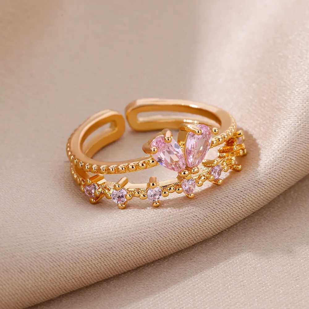Anelli di apertura cavo irregolari donna in acciaio inossidabile dorato colore geometrico anello di cristallo zircone lucido gioiello alla moda q240427