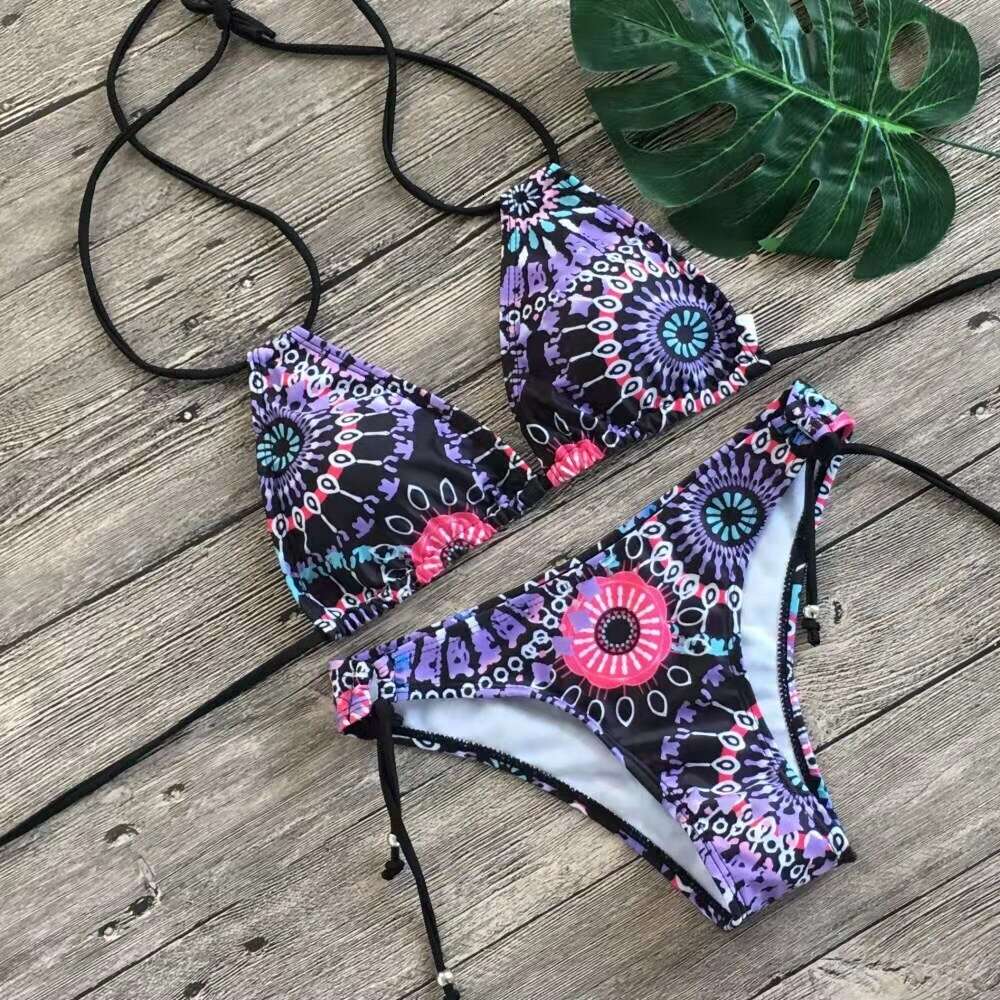 Women's Split Bikini Swimwear with Floral Print and Multiple Rope Straps