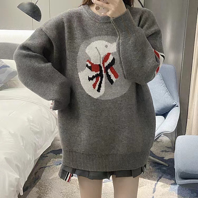 Sweater Winter Puppy Color Block Bow Large Size Loose Pullover Round Neck SweaterMedium and Long top Women Thick