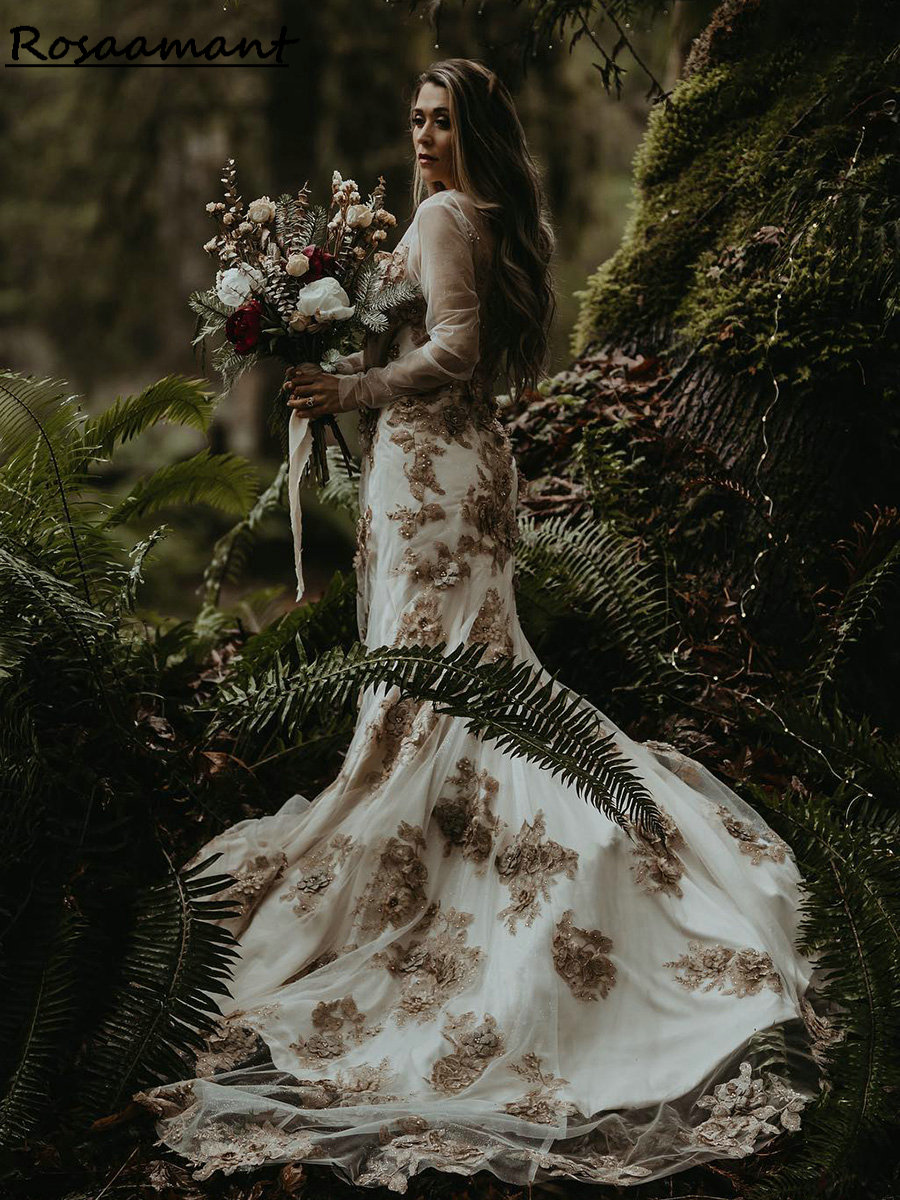 샴페인 반짝이 크리스탈 아플리케 레이스 인어 웨딩 드레스 환상 긴 소매 3D 꽃 신부 가운 로브 드 마리에