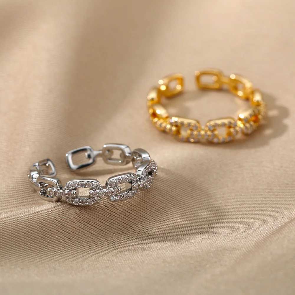 Bands Anneaux Womens Classic Twisted Chain Open Ring Zircon en acier inoxydable Géométrique Chaîne torsadée Couple de couple Blanche de mariage Bijoux Fashion Q240427