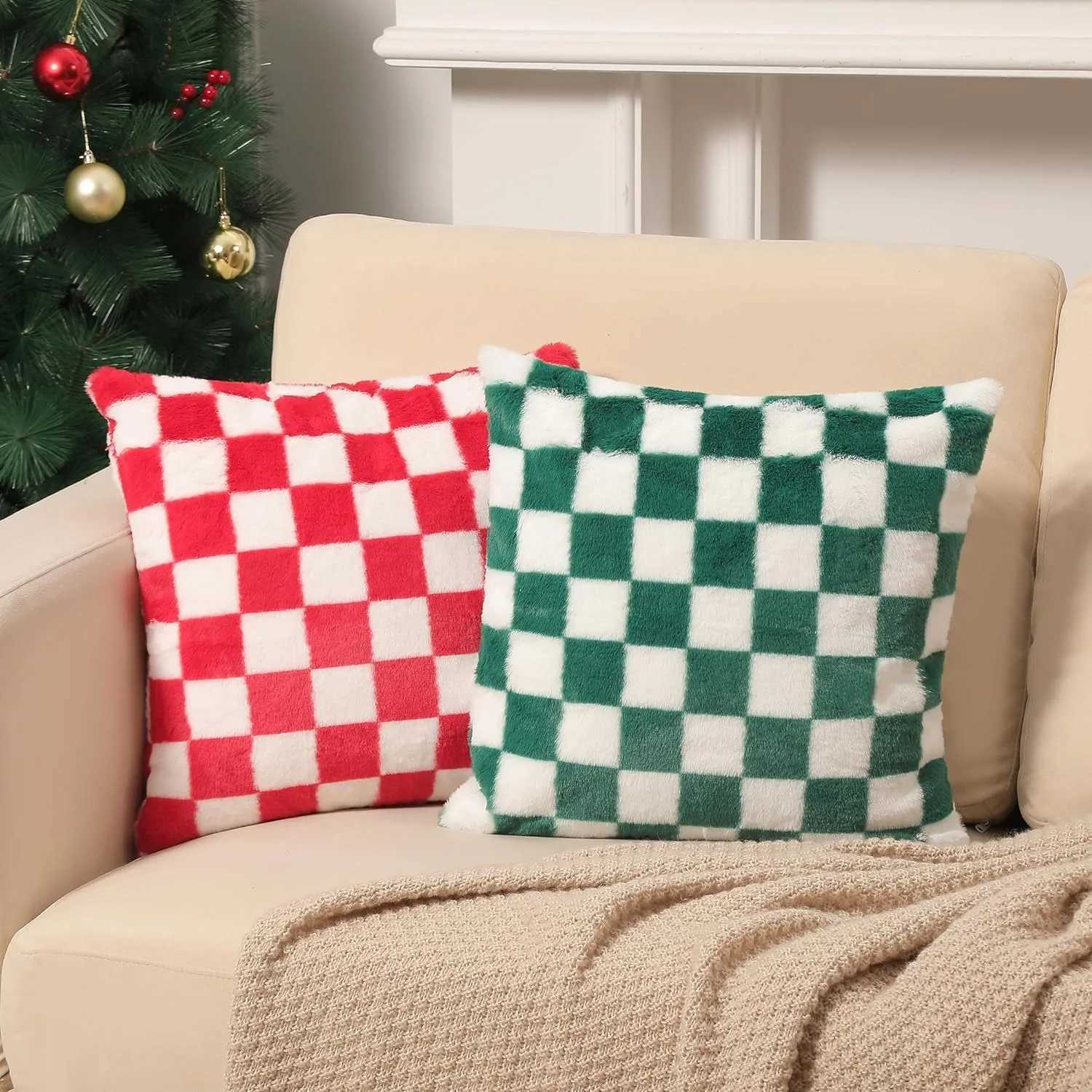 Coussin / agneau décoratif enleme à damier à damier couvert de coussin vert rouge mou