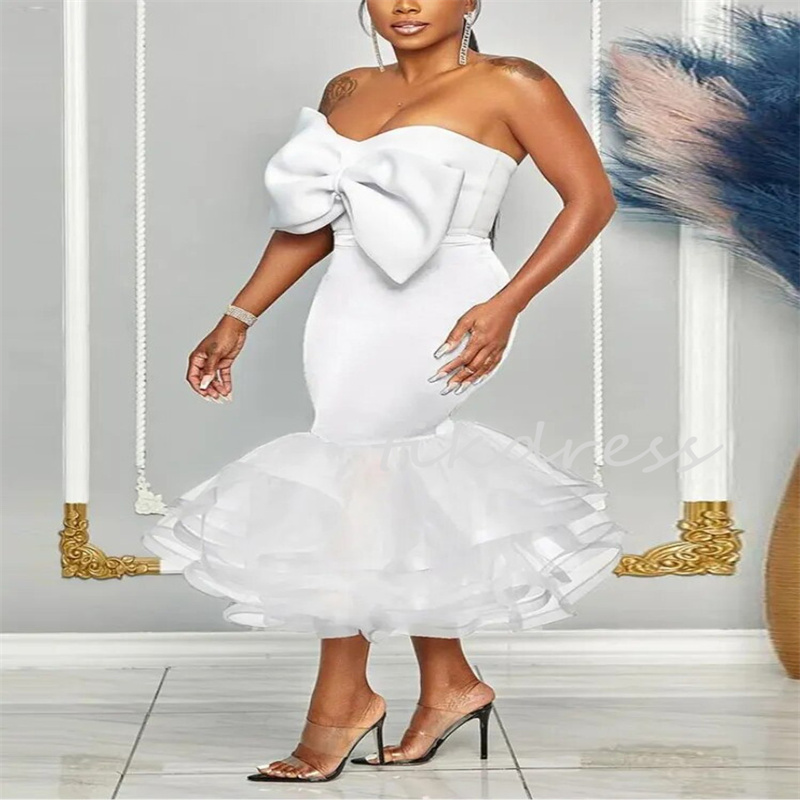 白いアフリカンイブニングドレス2024クロップドスカートナイトクラブ黒人ガールズマキシドレスのためのショートウエディングドレスアソebiティアドガラスシック