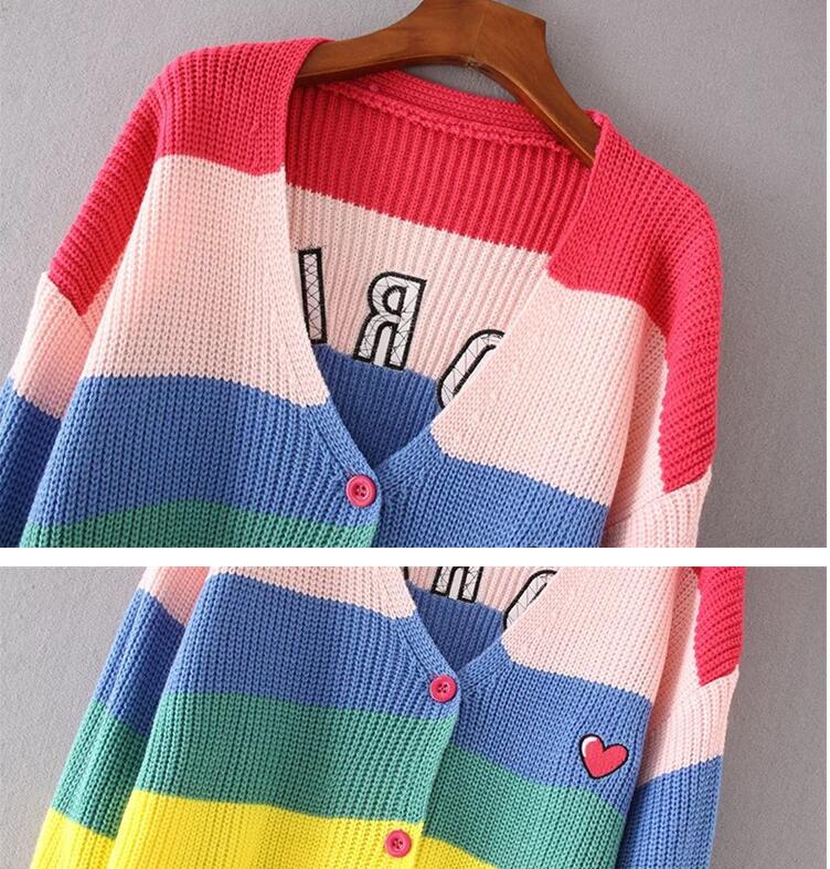 Neue Strickwaren für Frauen Frühling und Herbst Trendy Regenbogen farbenfrohe Streifen kontrastieren süßer Strickjacken Pullover LOSSCHLIESSER