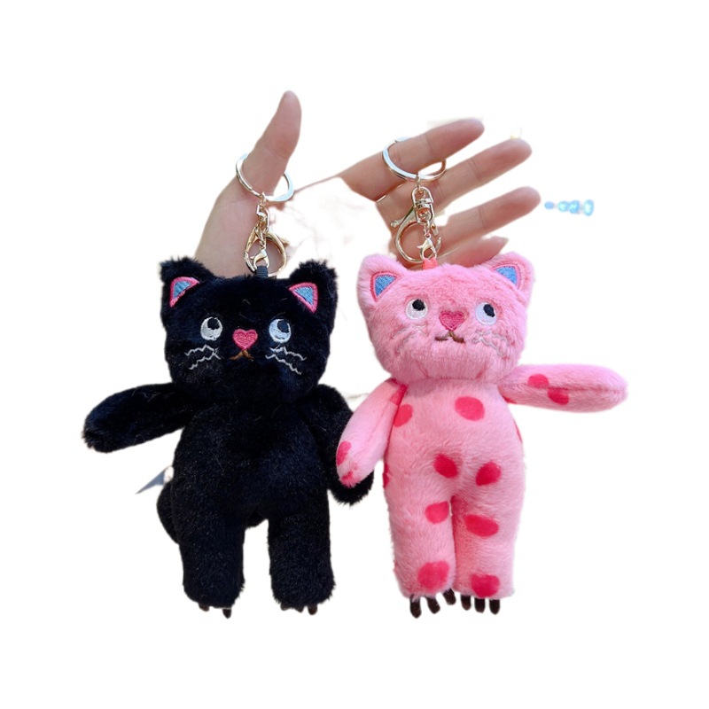 Pink Polka Dots Katzenplüschspielzeug Cartoon Sprachloses Anhänger Weichgefüllter Puppenschlüsselkettenauto Key Ring Rucksack Beuteldekoration