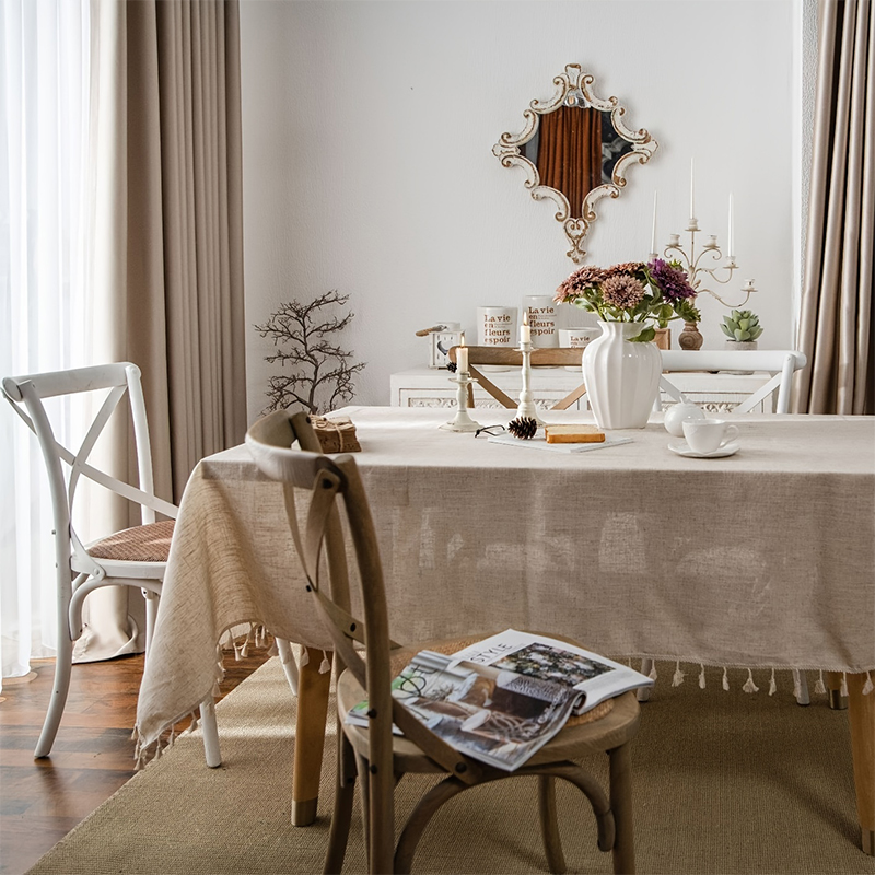 1 -pc vaste kleur linnen boerderijstijl tafelkleed beige randdecoratie stof, geschikt voor eettafels, feesten, rechthoekig tafelkleed buiten.