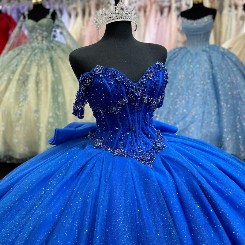 Blauwe glanzende baljurk Quinceanera -jurk 2024 Lace kralen buigen uit schouder prom prinses sweet 15 16 jaar Vestidos de xv anos