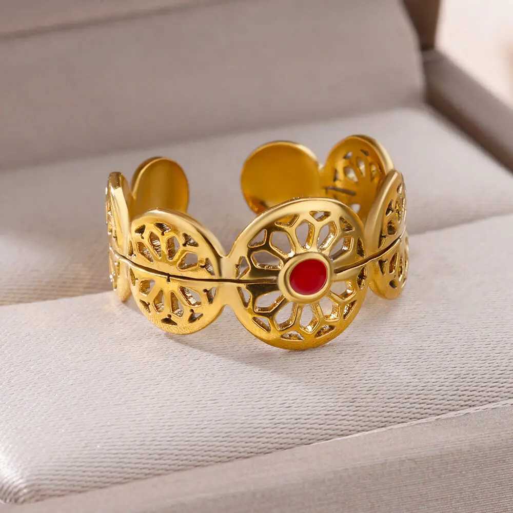 Anelli di nozze olio rosso vintage ename anello in acciaio inossidabile cavo donne fiore oro a coppia aperta di anelli gioielli donne spedizioni gratuite