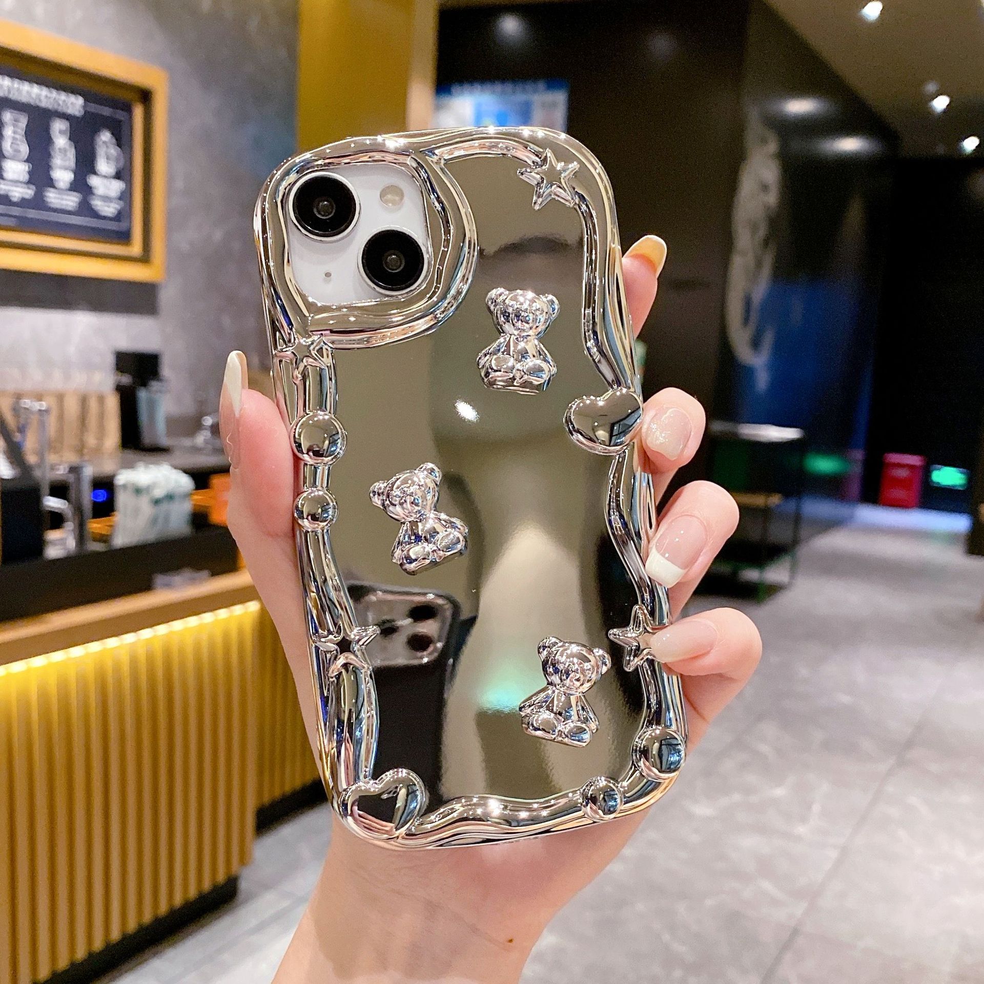 Объектуально зеркальное зеркало медведя /серебряная мобильные телефона для iPhone 15 14 11 13 11 11 Pro Max Plus Anti-Fall Cell Iphone Covers с цепочкой браслета Sling 50 шт.