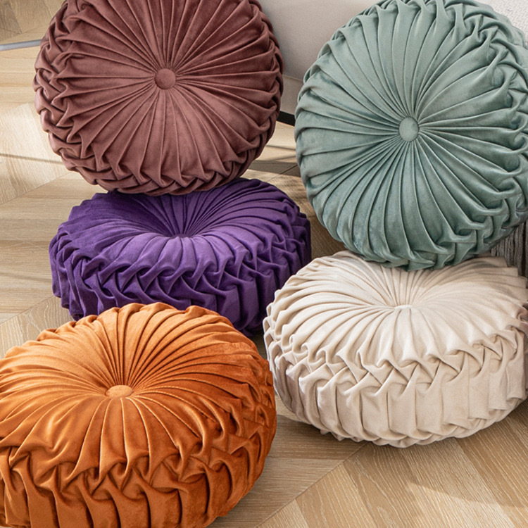 Decorative Round Pleated Throw Pillows, Classy Accent Pumpkin Throw Pillows, Vintage Velvet Floor Pillows for Sofa Couch Vanity Chair Bed